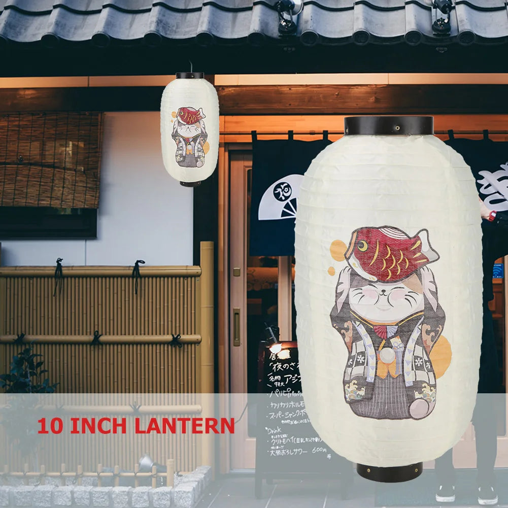 lanterne suspendue blanche chat porte bonheur motifs japonais anniversaire fête 25x45cm