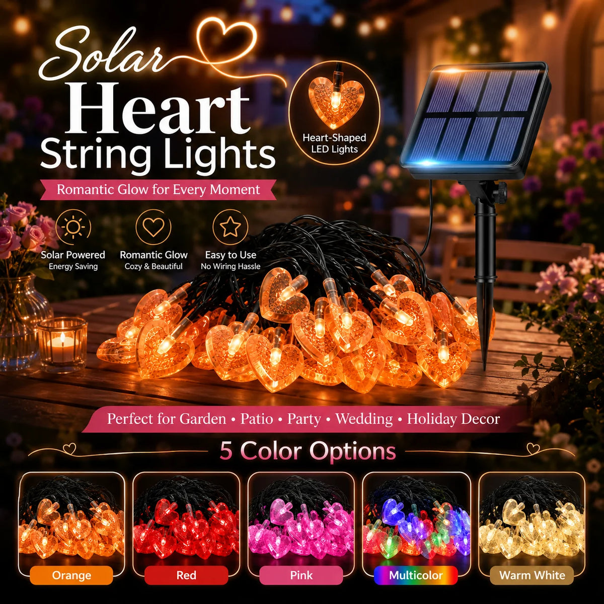 guirlande lumineuse cœur multicolore moderne extérieur patio jardin 100 led 12m