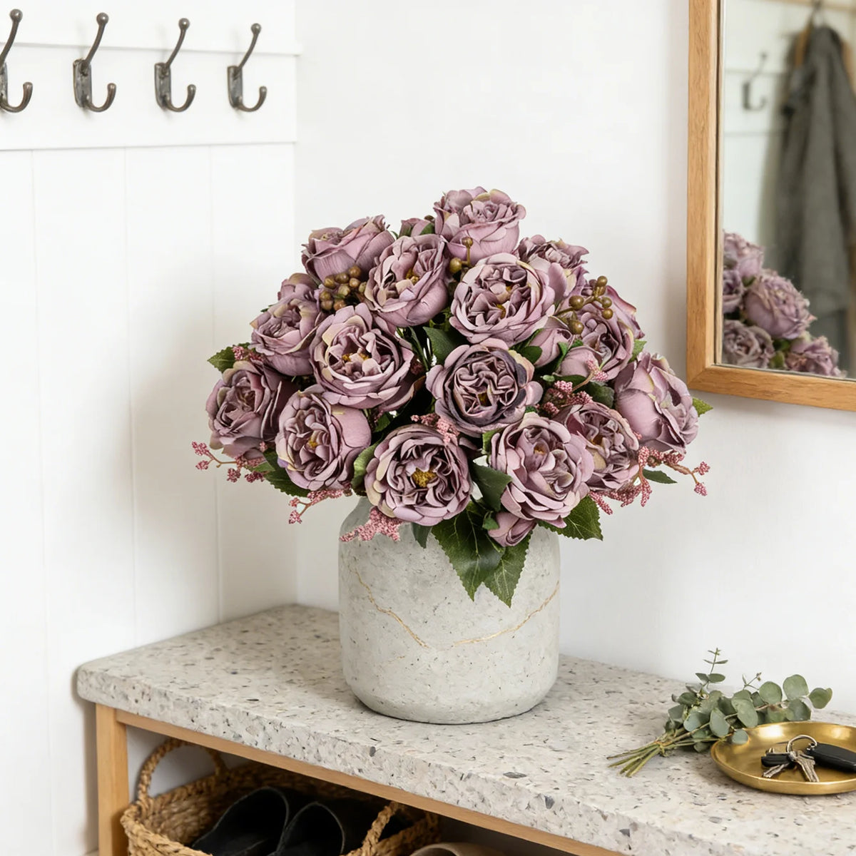 bouquet fleurs artificielles soie roses pivoines decoration mariage anniversaire intérieur blanc rouge violet orange