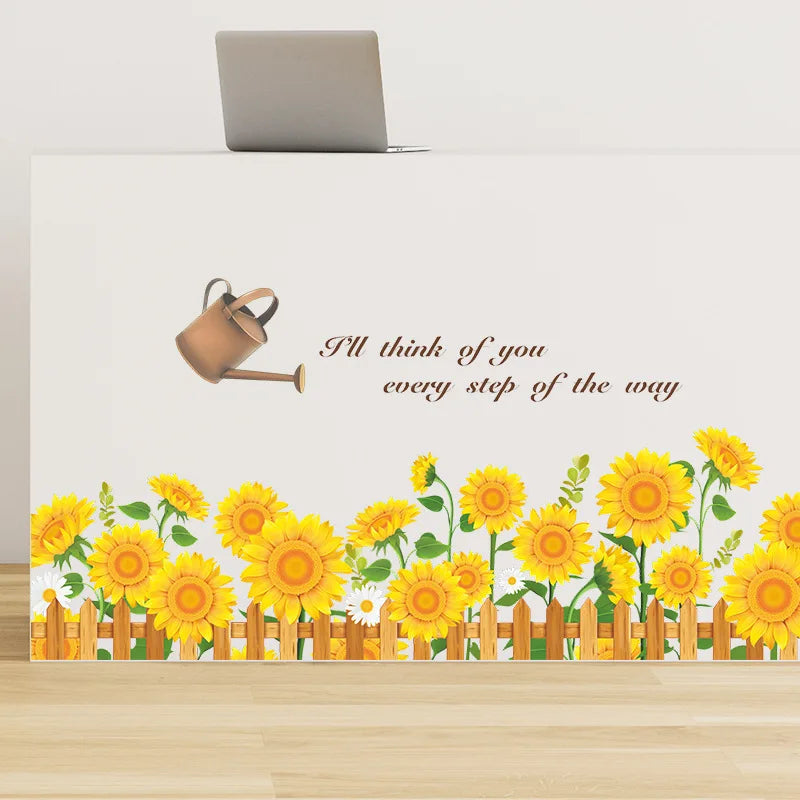 autocollant mural tournesol floral clôture bois inscription décoration mur opaque moderne chambre enfant