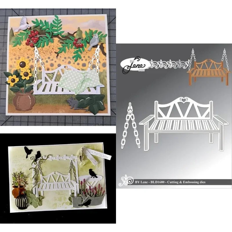 découpe papier scrapbooking fleurs bancs table chaises lanterne arbres pommes oiseaux arches végétales motifs
