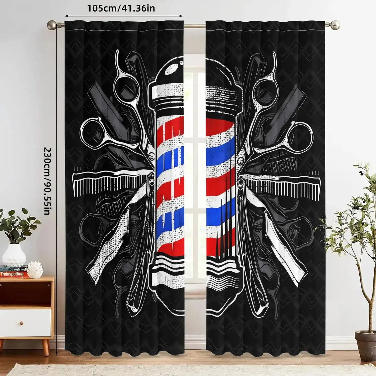 rideaux coiffeur motif ciseaux noir blanc moderne opacité pièces polyester