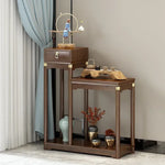 meuble appoint bois massif moderne table tiroir meuble double plateau vase bleu figurine bouteille