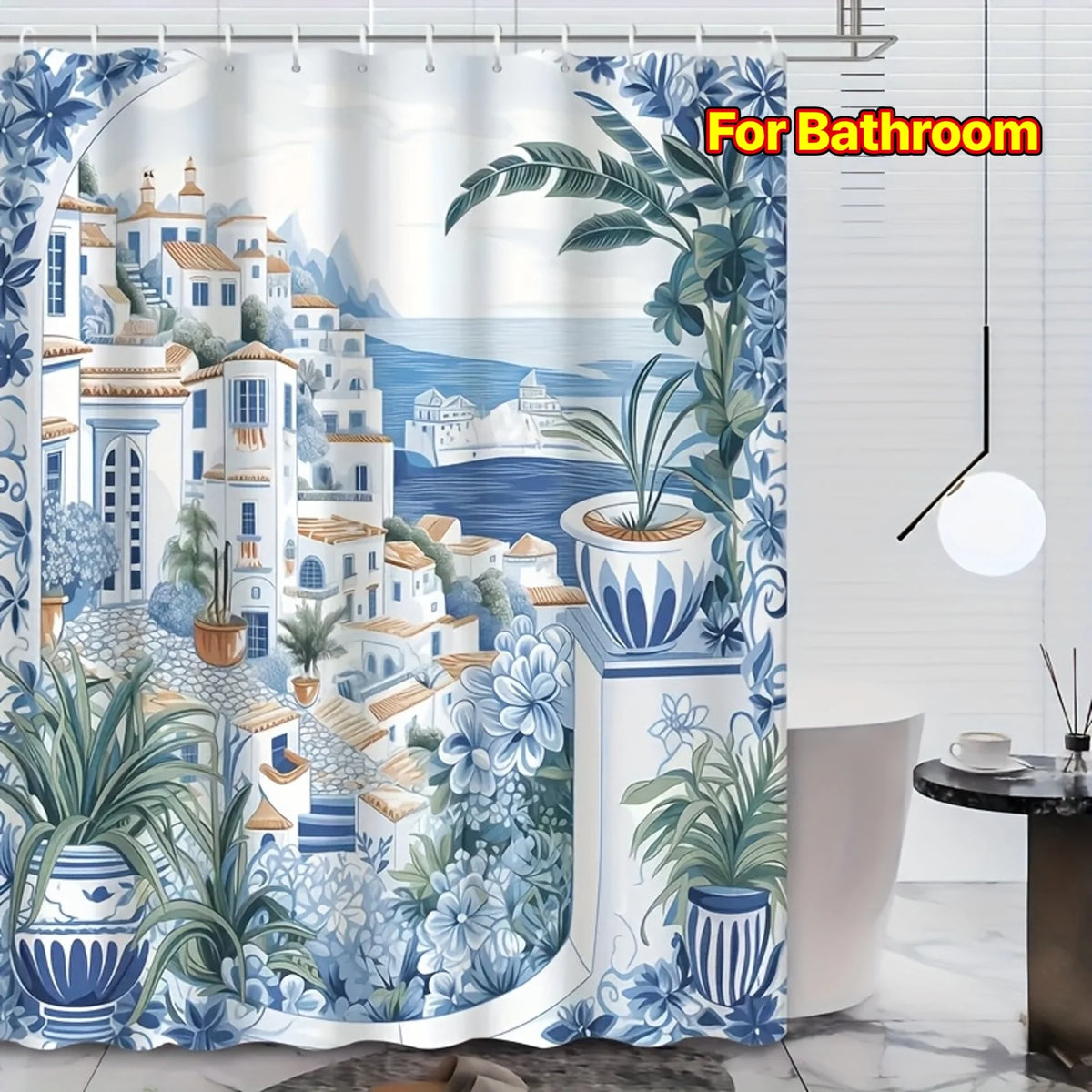 rideau douche bleu motif paysage urbain crochets taille large variété