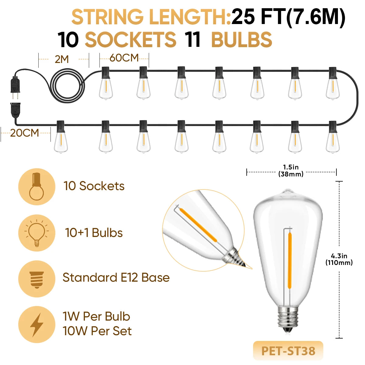 guirlande lumineuse filament led transparente vintage clips adaptableextérieur 220v ip44