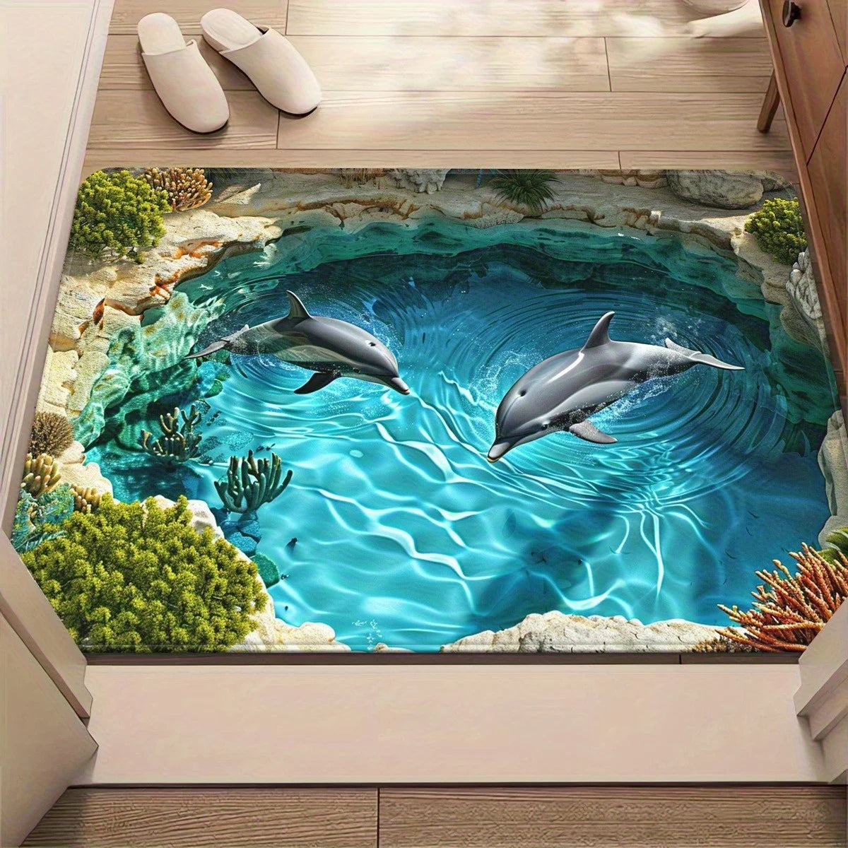 tapis sous marin dauphins coraux moderne bleu vert gris beige antidérapant lavable machine salon