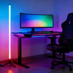 lampe sol led rgb blanc orange bleu verte moderne pied treillis détecteur son lumière