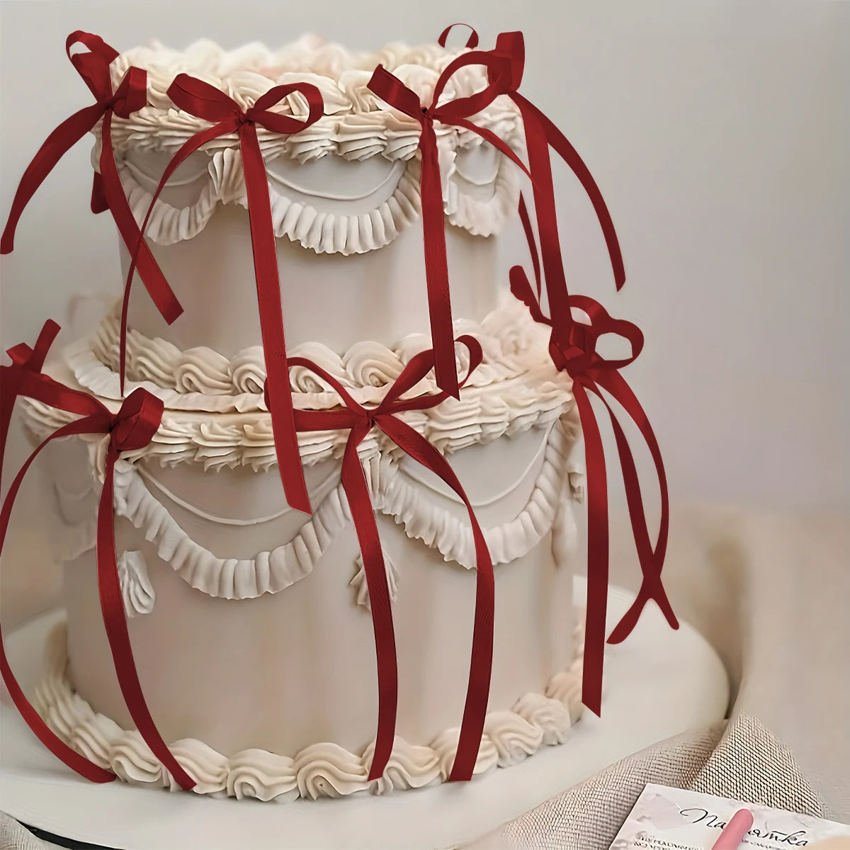 décoration gâteau mariage ruban nœud rouge rose glaçage texturé nacrées festive