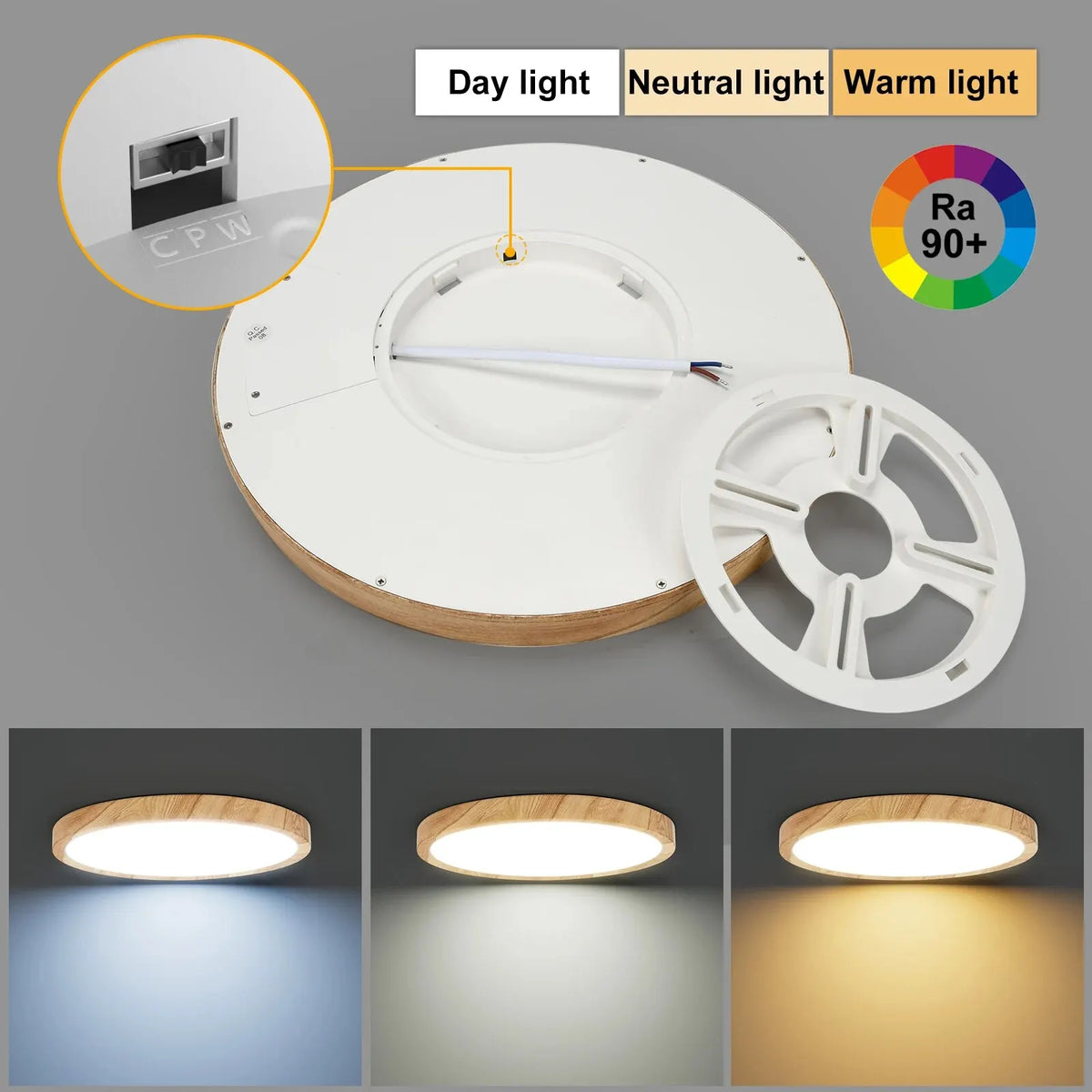 plafonnier led grain bois blanc moderne éclairage domestique cuisine chambre couleurs variable vis