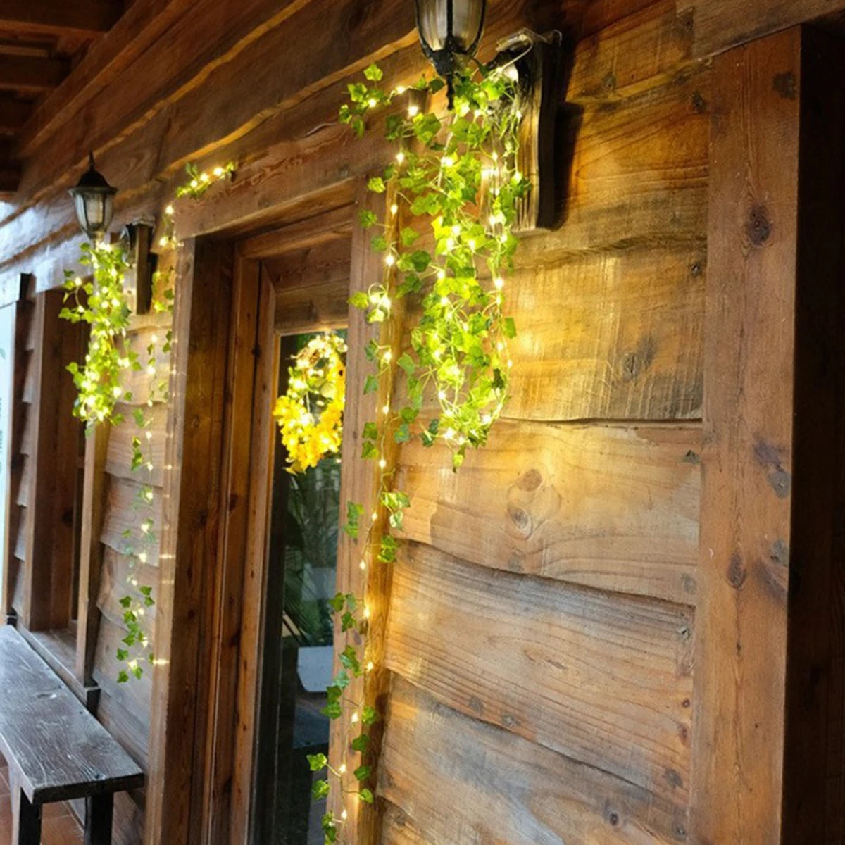 guirlande lumineuse solaire feuilles vertes lumières blanches moderne extérieur jardin terrasse festive