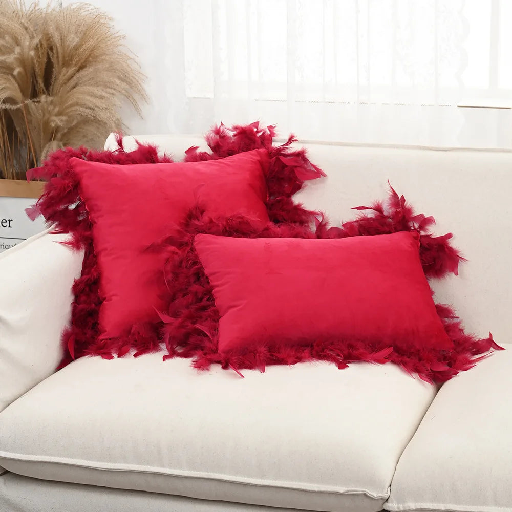 coussin décoratif carré velours pompon plumes patchwork moderne intérieur salon chambre taille 45x45cm