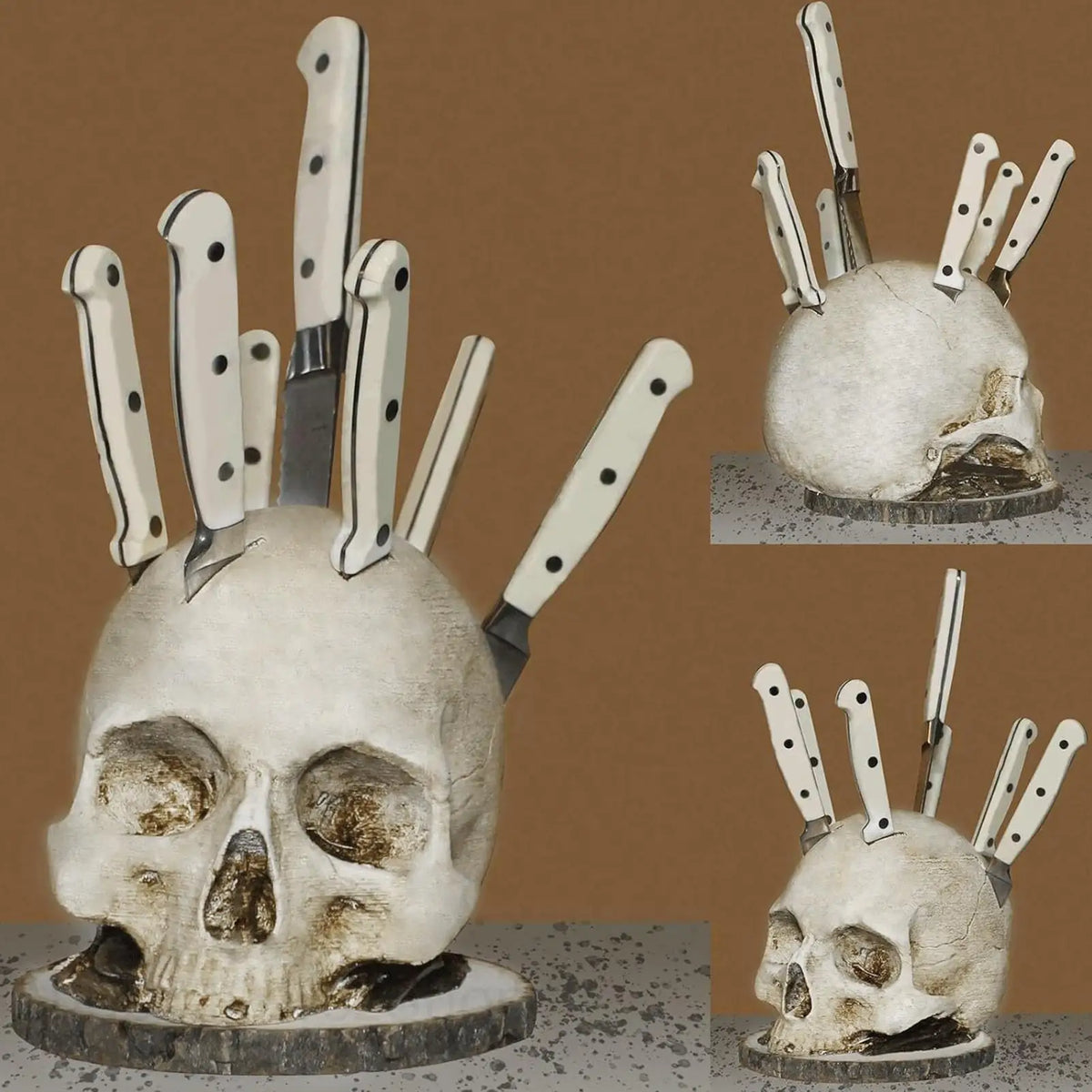 rangement couteaux tête mort sculptée texture granuleuse détails sombres réaliste gris blancversible polyester okolets