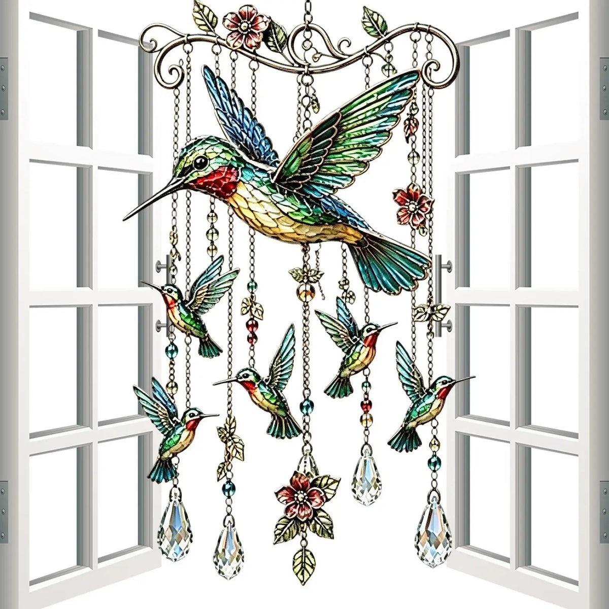décoration suspendue colibris fleurs métal artisanal vert bleu rouge or chambre balcon jardinextérieur