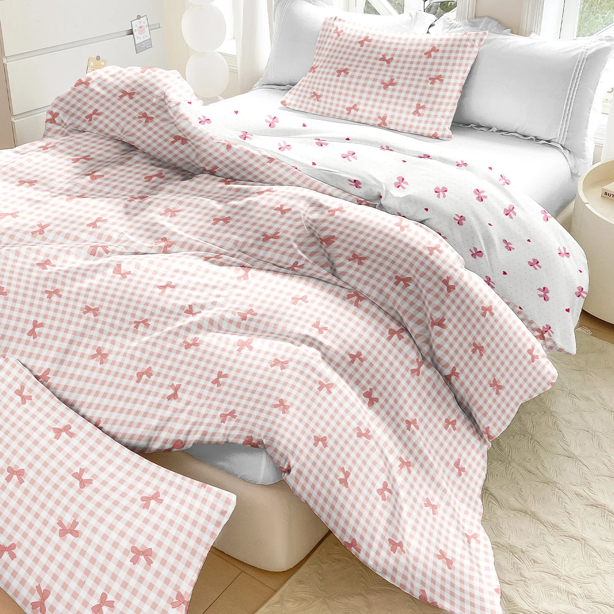 housse couette carreaux nœuds rose blanc moderne literie polyester douce 135x200cm 150x200cm 160x220cm