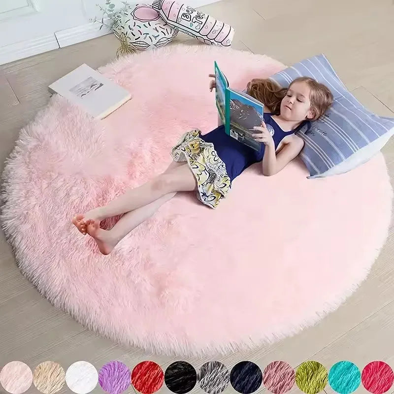 tapis rond peluche douce polyester antidérapant moderne rose clair gris blanc chambre salon