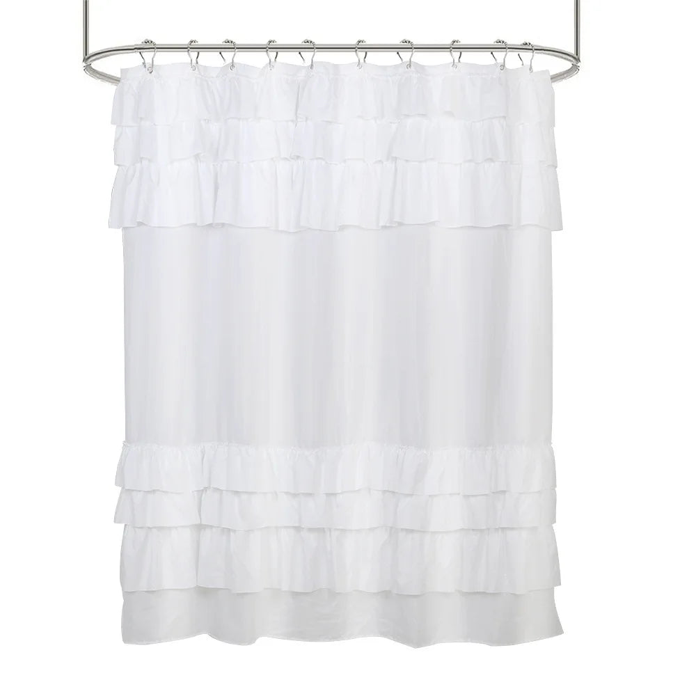 rideau douche blanc volants gris rose classique opacité anneaux métalliques respectueux environnement moderne