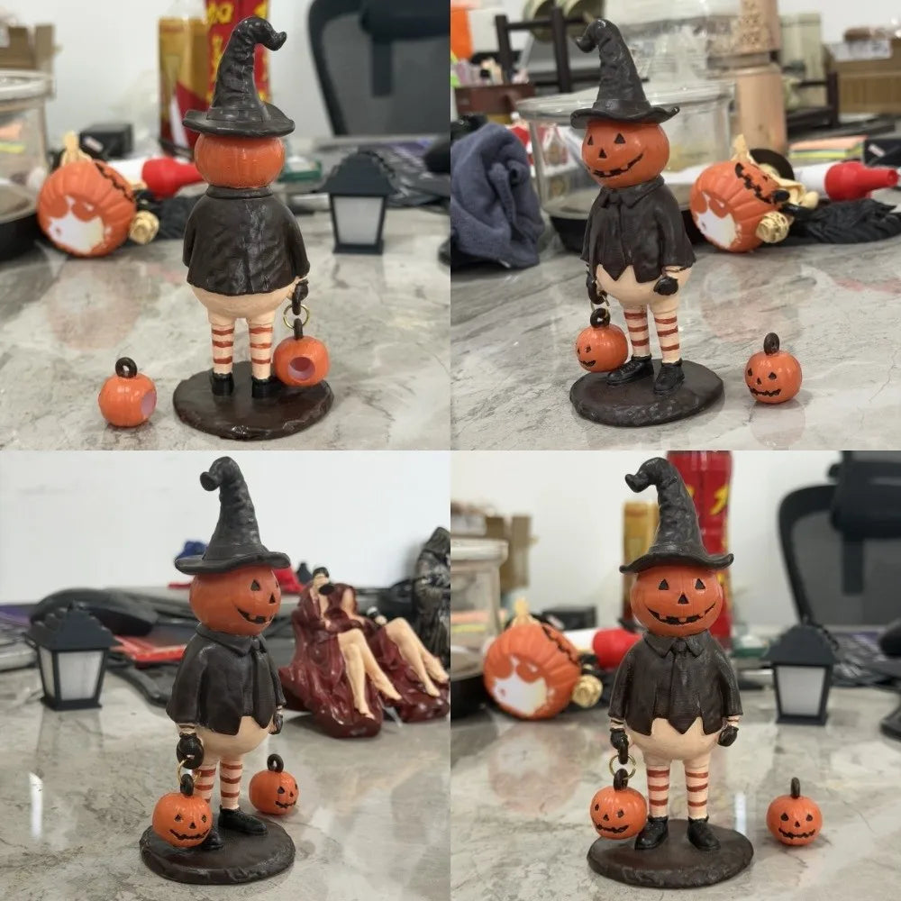 figurine halloween citrouille orange visage chapeau robe bas suspendue noire