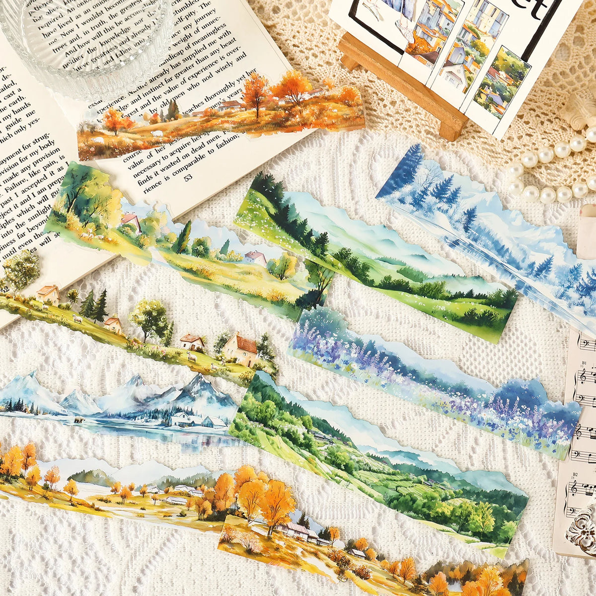 étiquettes décoratives multicolores paysages naturels peinture aquarelle adhésifs scrapbooking pages journal fleurs prairies montagnes