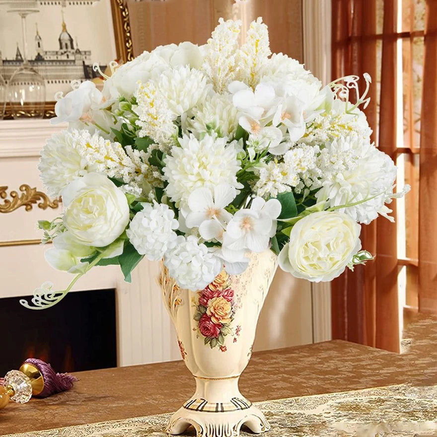 bouquet fleurs artificielles soie mariage décoration maison blanc rose bleu clair vert classiqueintérieur vase