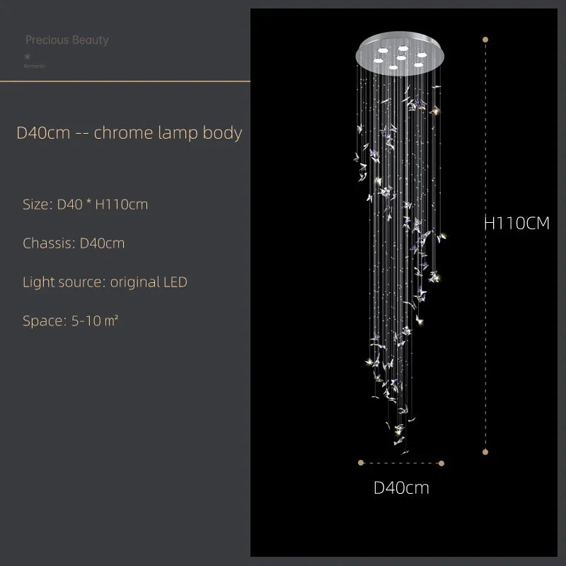 suspension lumineuse moderne papillons cristal bleu transparent élégante lumière chaînes haute qualité