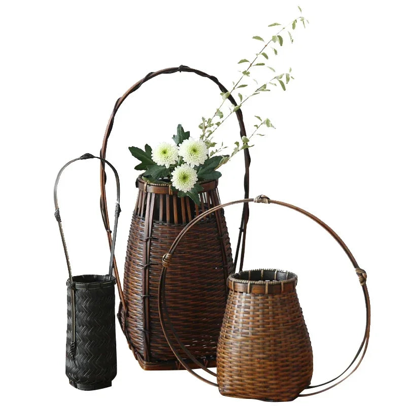 panier rotin tressé main vase bambou décoration fleurs rustique artisanal maison