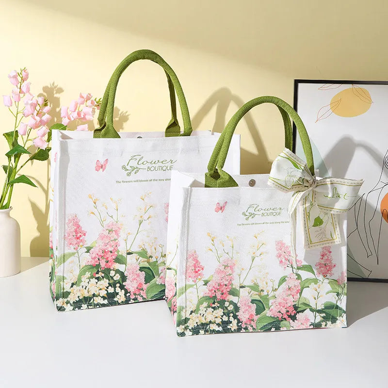 sac main toile fleurs blanc vert rose élégant réutilisable écologique poignées vertes