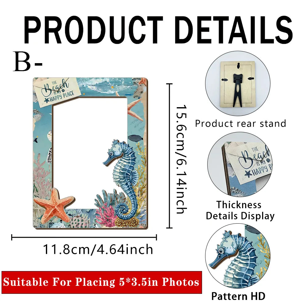 cadre photo thème plage coquillages hippocampes lettrage Love Beach clips noirs bleu clair beige