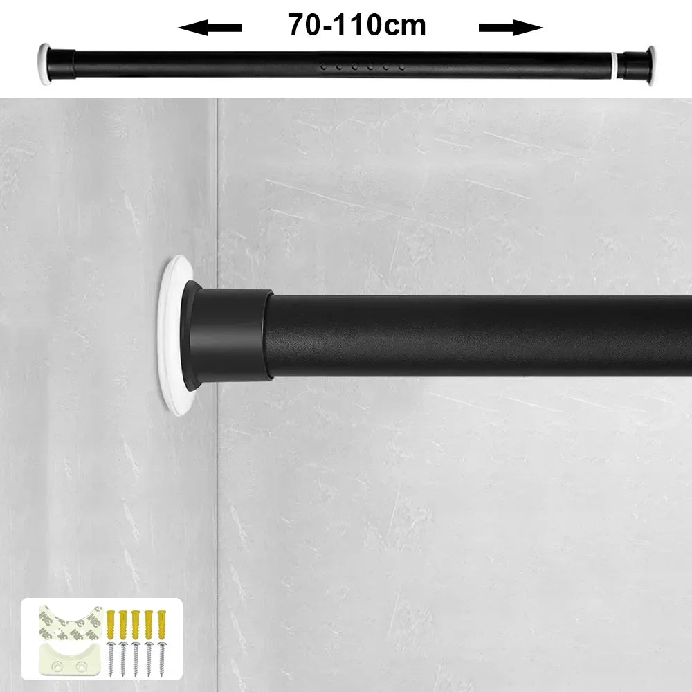tige rideau douche ajustable noir blanc texture lisse moderne anneaux suspension support tension haute