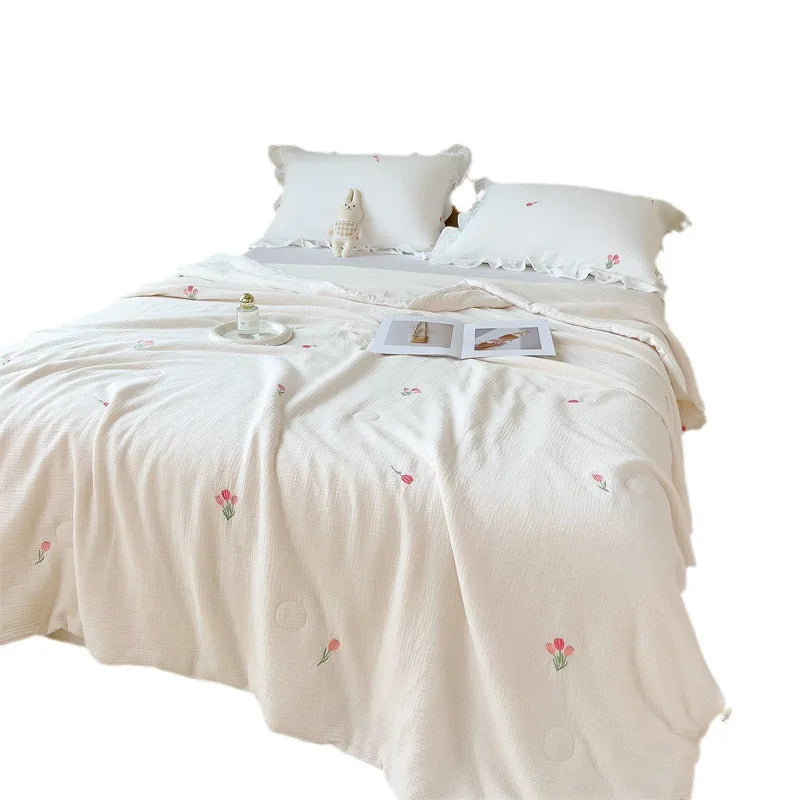 couette coton blanc motif fleurs roses été légère oreiller coussin accessoires