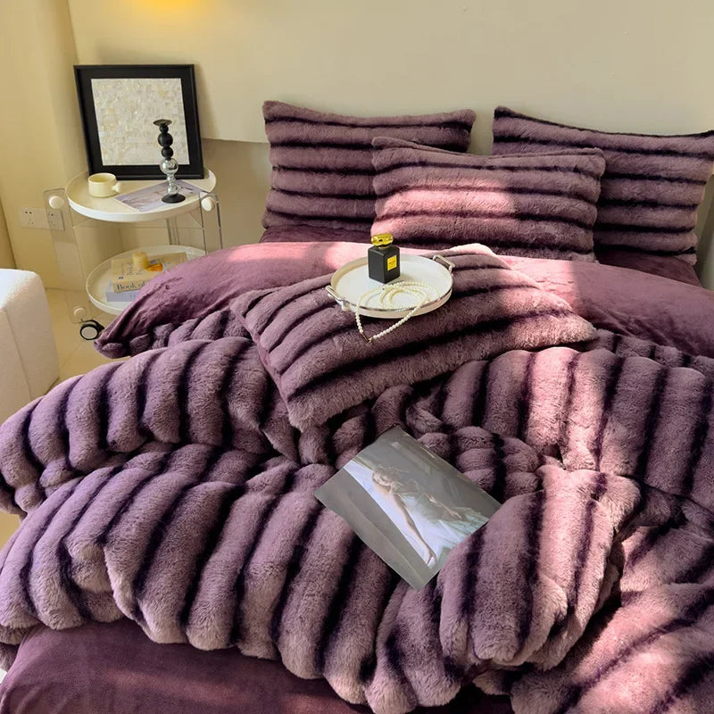 drap housse rayé violet oreillers lit 1.5m 1.8m quatre pièces microfibre