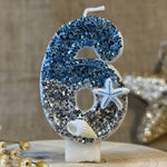 décoration gâteau sirène océan bougie chiffre paillettes étoiles mer coquillage thème marin blanc bleu