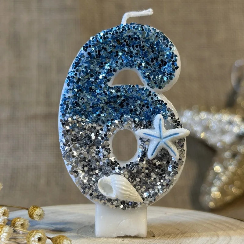 décoration gâteau sirène océan bougie chiffre paillettes étoiles mer coquillage thème marin blanc bleu