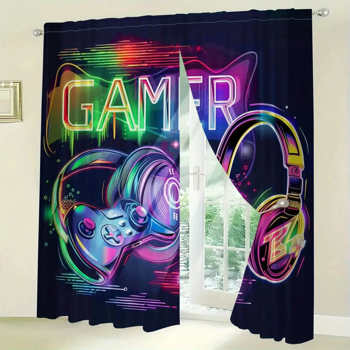 rideau cyberpunk console jeu noir multicolore polyester blackout moderne pièces