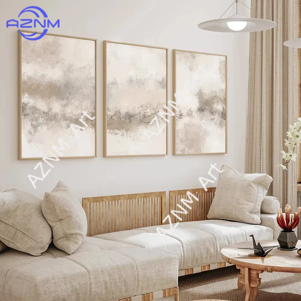 tableau toile peinture abstraite beige gris blanc cadre bois décoration murale salon contemporain