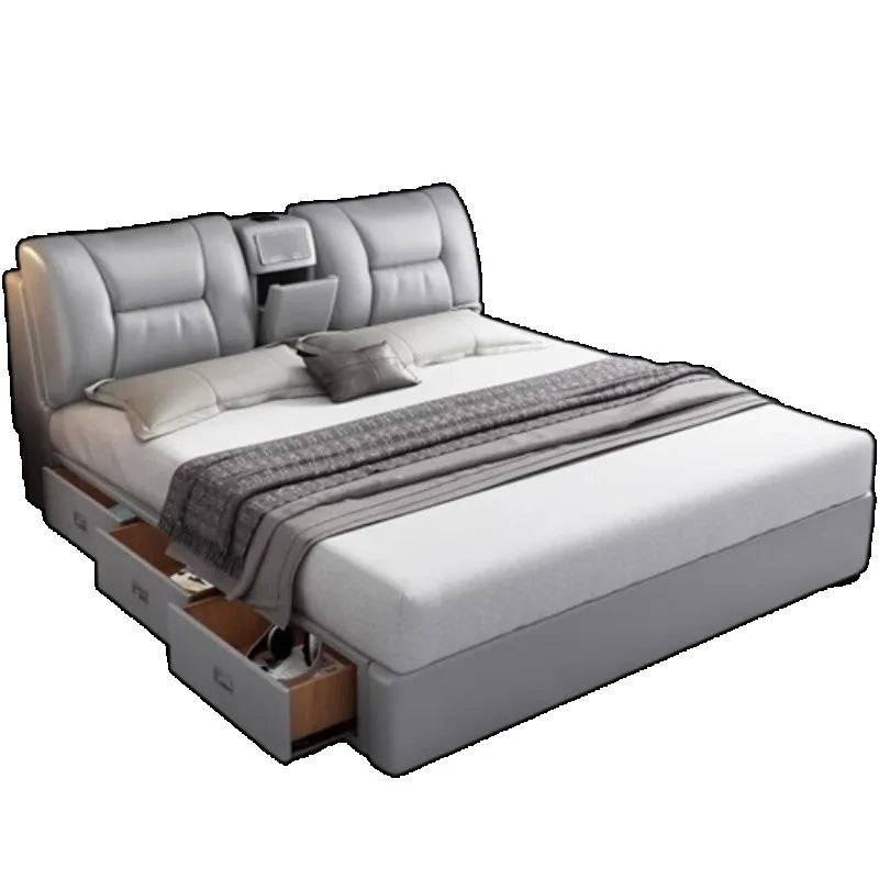 lit double moderne gris clair simili cuir tiroirs latéraux table chevet
