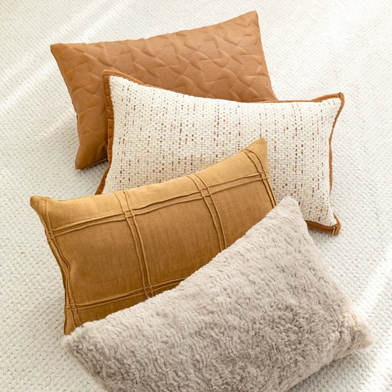 coussins rectangulaires blanc marron texture géométrique moderne amovibles lavables