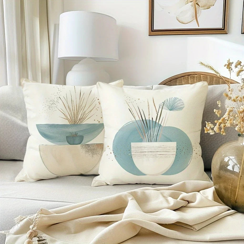 taies d'oreiller lin motif abstrait feuilles cercles moderne decoration maison