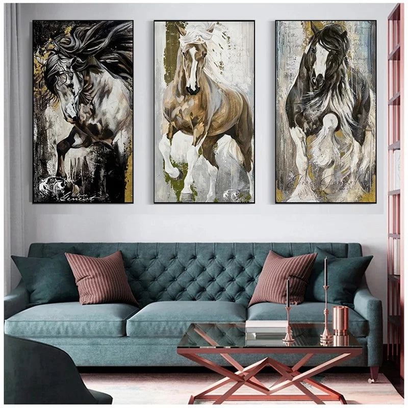 tableau moderne chevaux galopants abstrait canvas noir blanc marron gris doré salon chambre decoration