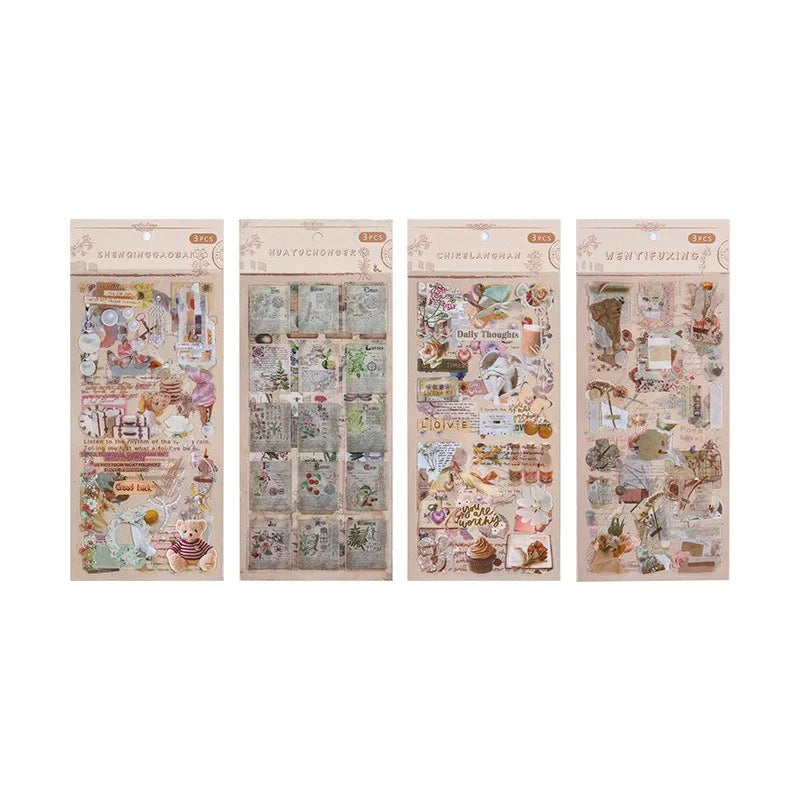 autocollants rétro vintage illustrations fleurs insectes motifs anciens adhésifs marron clair blanc journalisation decoration