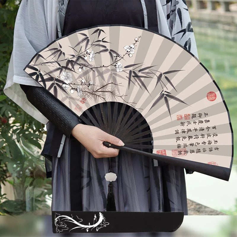 éventail traditionnel japonais paysages oiseaux bambou motifs floraux tassel noir bleu art traditionnel