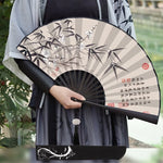éventail traditionnel japonais paysages oiseaux bambou motifs floraux tassel noir bleu art traditionnel
