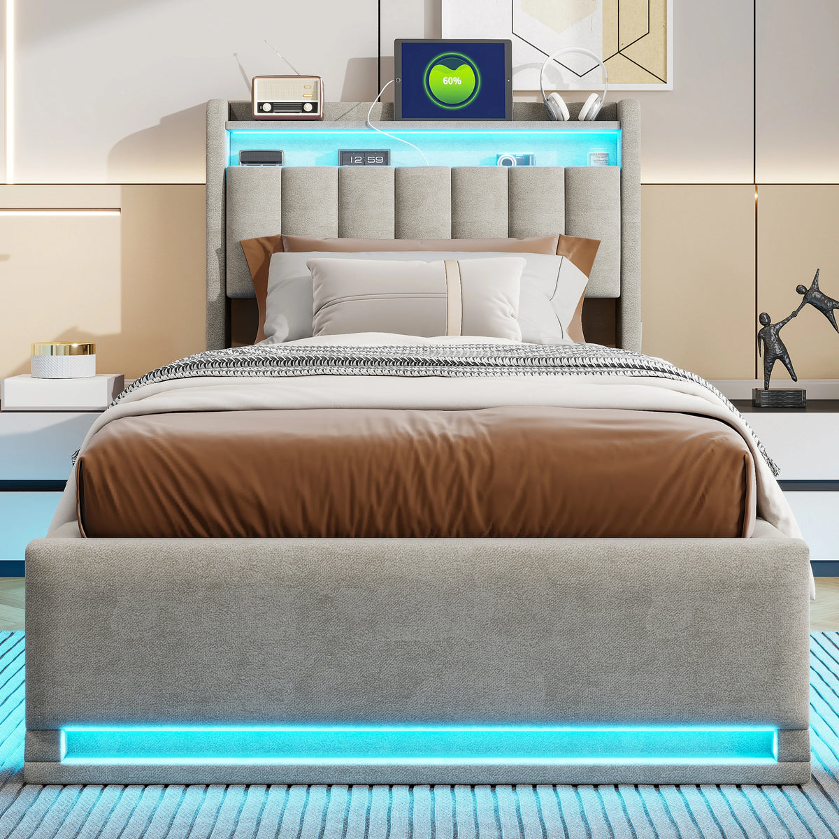 Lit avec revêtement velours et design minimaliste moderne