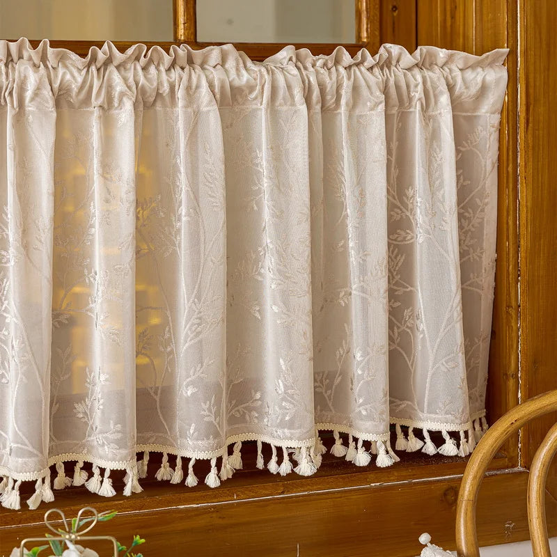 rideau vert clair motif feuilles classique romantique franges translucide chambre cuisine salon