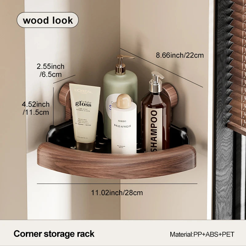 étagère salle bain bois foncé moderne minimaliste adhésive réutilisable cosmétiques organisation papeterie objets divers