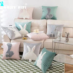 coussin gris clair motif lapin blanc mignon fermeture glissière ultra doux polyester coton jacquard
