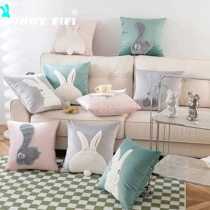 coussin gris clair motif lapin blanc mignon fermeture glissière ultra doux polyester coton jacquard