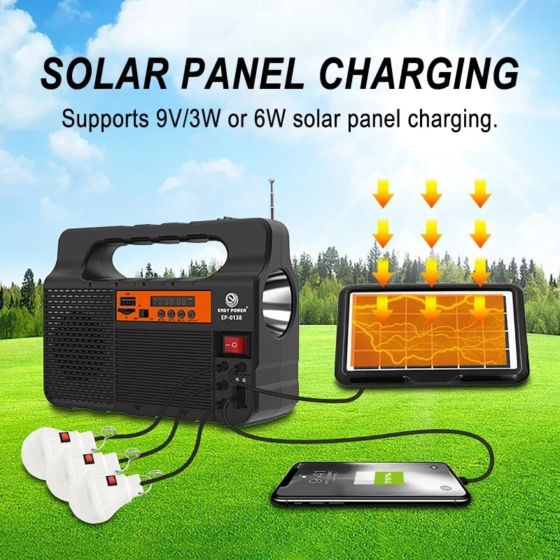 lampe poche portable système solaire rechargeable panneau solaire haut parleur radio fm bluetooth usb
