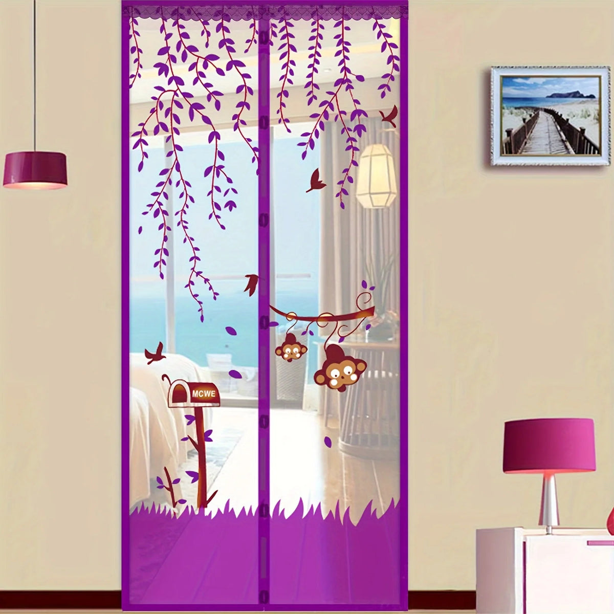 rideau magnétique violet vert bleu marron feuilles oiseaux moderne translucide porte 100cm 210cm