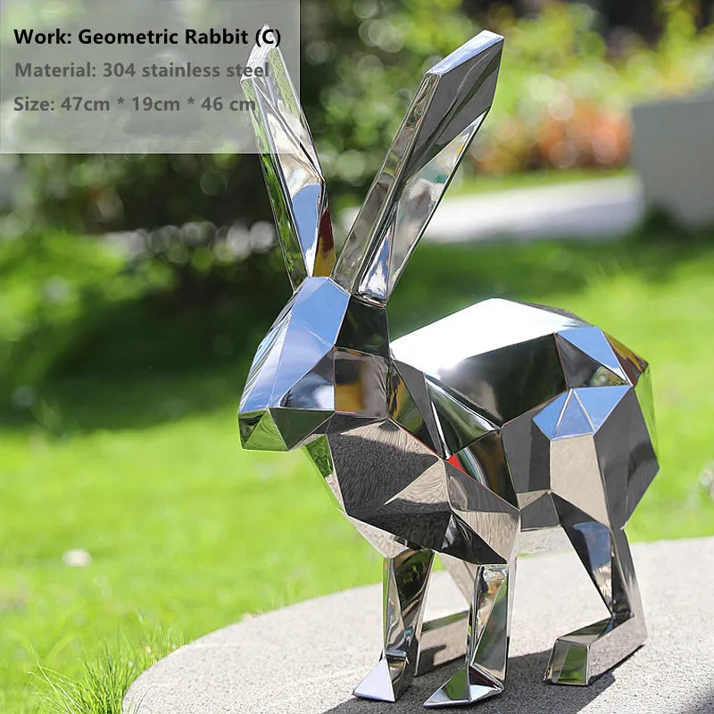 sculpture géométrique lapin argenté moderne extérieur intérieur décoration jardin sphères colorées angularité métal artistique