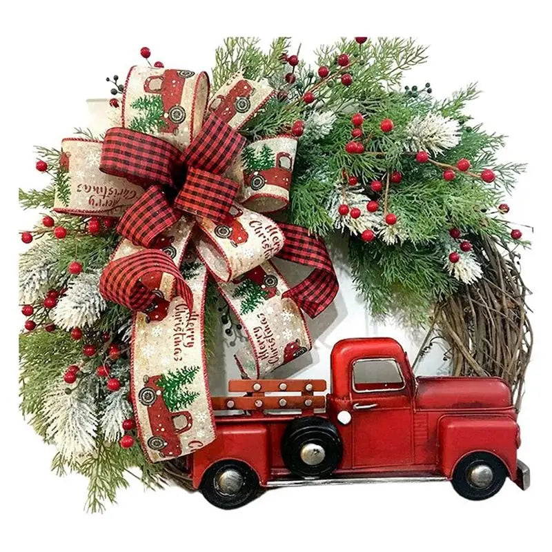 couronne noel rouge verte feuilles sapin baies rouges rubans carreaux texte merry christmas rustique